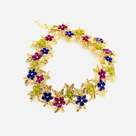 Bracelet Gold Tone With Flowers 8” - Picture 10 of 13